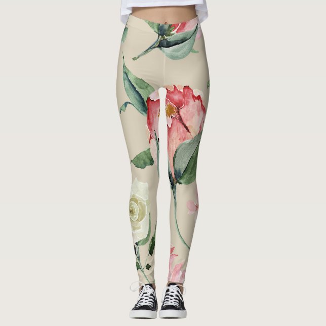 Pretty watercolor Floral cream active-wear Leggings (Front)