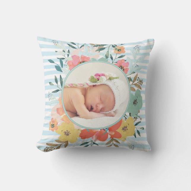 Pretty Watercolor Floral Custom Photo Cushion (Front)
