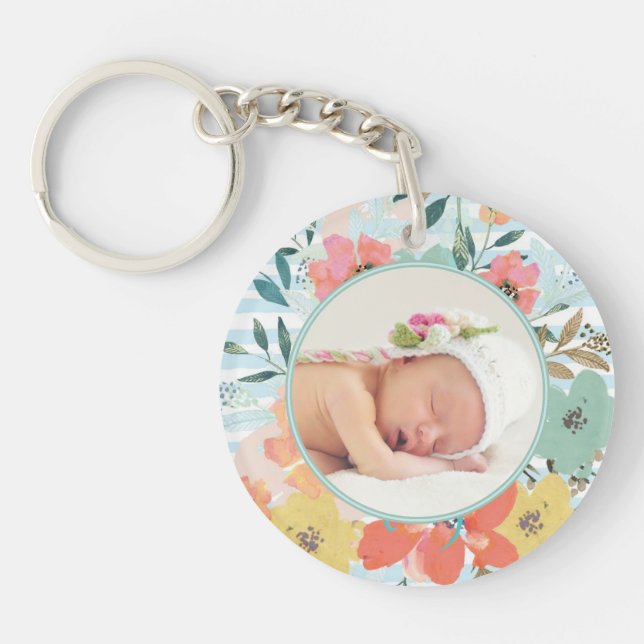 Pretty Watercolor Floral Custom Photo Personalised Key Ring (Front)