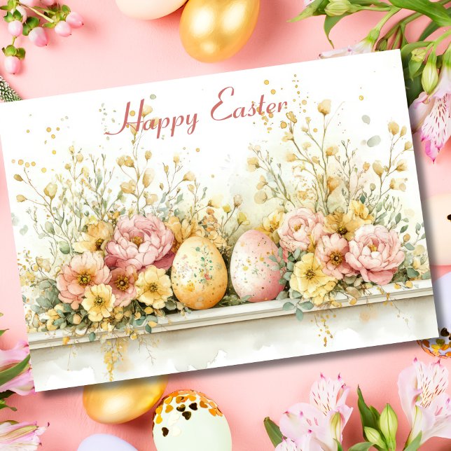 Pretty Watercolor Floral Easter Bunny Holiday Card (Creator Uploaded)