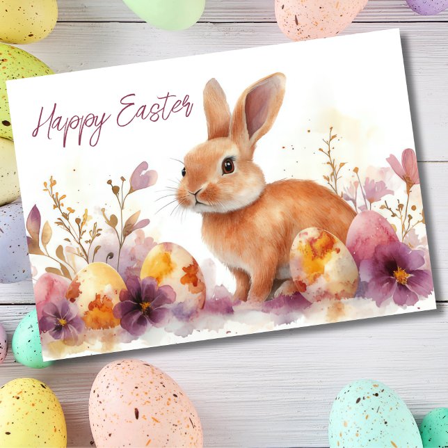 Pretty Watercolor Floral Easter Bunny Holiday Card (Creator Uploaded)