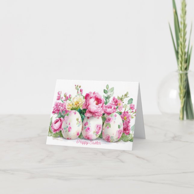 Pretty Watercolor Floral Easter Eggs Holiday Card (Front)
