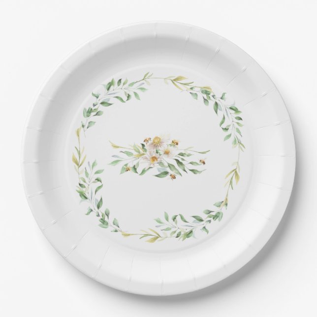 Pretty Watercolor Floral Honeybee Foliage Wreath Paper Plate (Front)