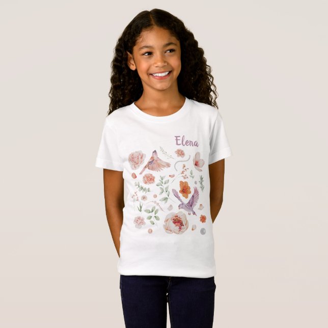 Pretty Watercolor Floral Hummingbird Monogram T-Shirt (Front Full)
