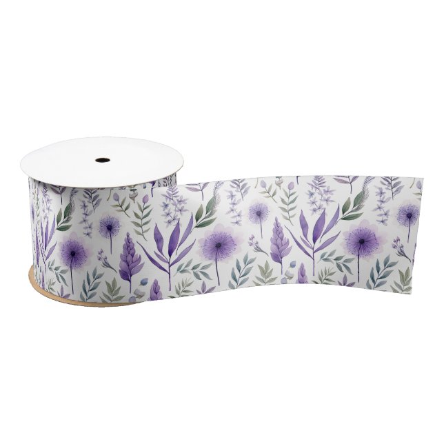 Pretty Watercolor Floral Lavender Purple Botanical Satin Ribbon (Spool)