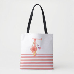 Pretty Watercolor Floral Letter "F" Pink Stripe Tote Bag