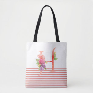 Pretty Watercolor Floral Letter "H" Pink Stripe Tote Bag