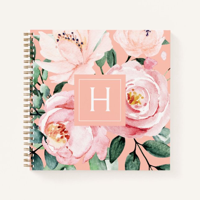 Pretty Watercolor Floral Monogrammed Notebook (Front)