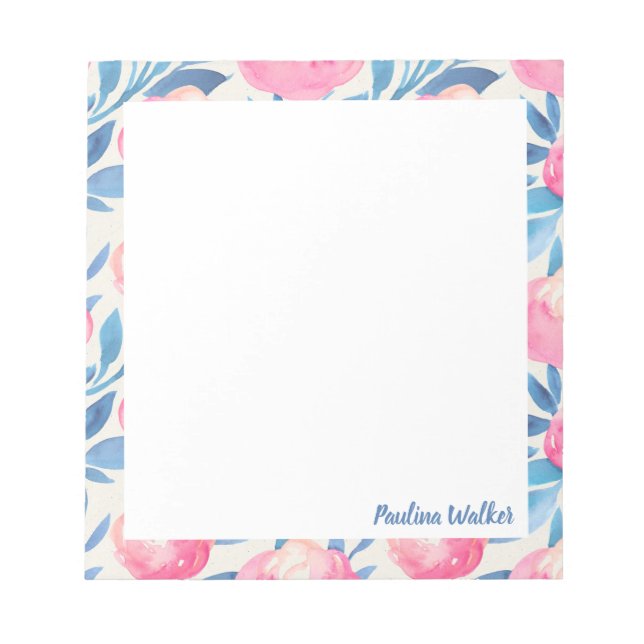 Pretty Watercolor Floral Pattern Pink Blue Name Notepad (Front)