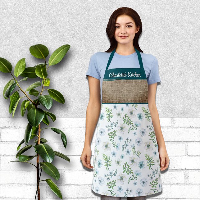 Pretty Watercolor Floral Personalised First Name Apron (Creator Uploaded)