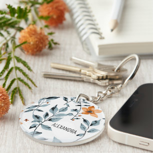 Pretty Watercolor Floral Personalised Name Key Ring