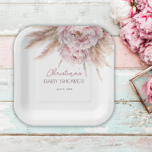 Pretty Watercolor Floral Pink Baby Shower Paper Plate