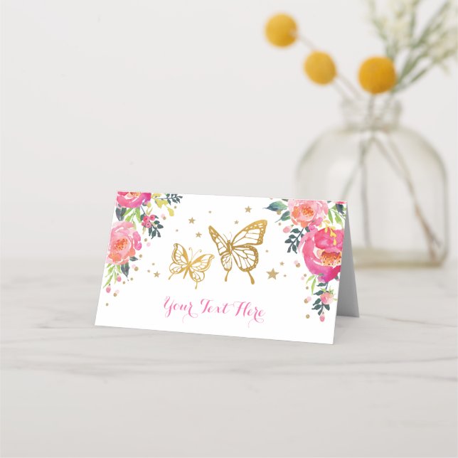 Pretty Watercolor Floral Pink Gold Butterfly Place Card (Front)