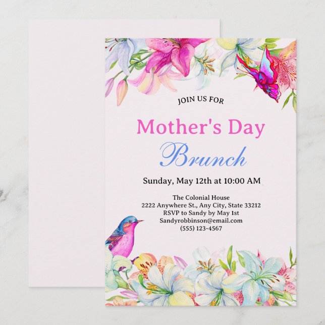 Pretty Watercolor Floral Pink Mother's Day Brunch Invitation (Front/Back)