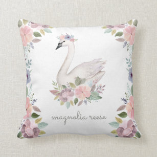 Pretty Watercolor Floral Swan Princess Name Cushion