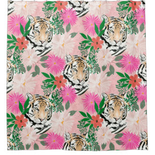 Pretty Watercolor Floral &Tiger Animal Pink Design Shower Curtain