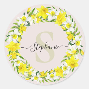 Pretty Watercolor Floral Wreath Monogram Classic Round Sticker