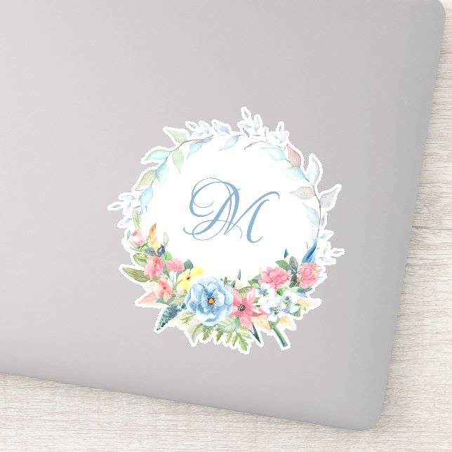Pretty Watercolor Floral Wreath with Monogram (Detail)