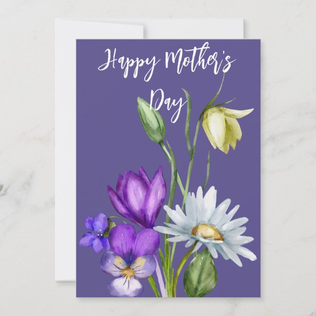 Pretty Watercolor Florals Mothers Day Card Purple (Front)