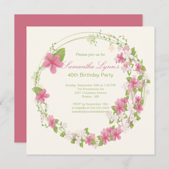 Pretty Watercolor Flower Wreath Birthday Party Invitation (Front/Back)