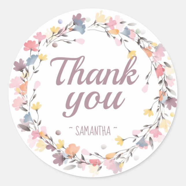 Pretty Watercolor Flower Wreath Thank You Classic Round Sticker (Front)