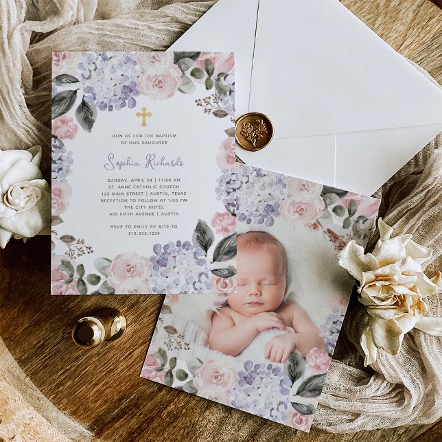 Pretty Watercolor Flowers and Photo | Baptism Invitation (Creator Uploaded)
