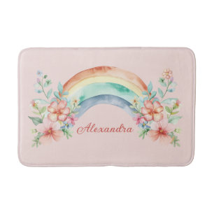 Pretty Watercolor Flowers and Rainbow Bath Mat
