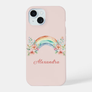 Pretty Watercolor Flowers and Rainbow iPhone 15 Case