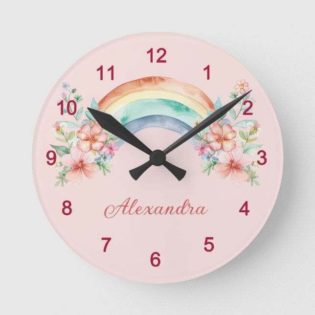 Pretty Watercolor Flowers and Rainbow Round Clock (Front)