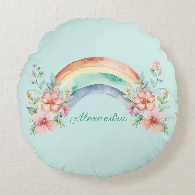 Pretty Watercolor Flowers and Rainbow Round Cushion (Front)