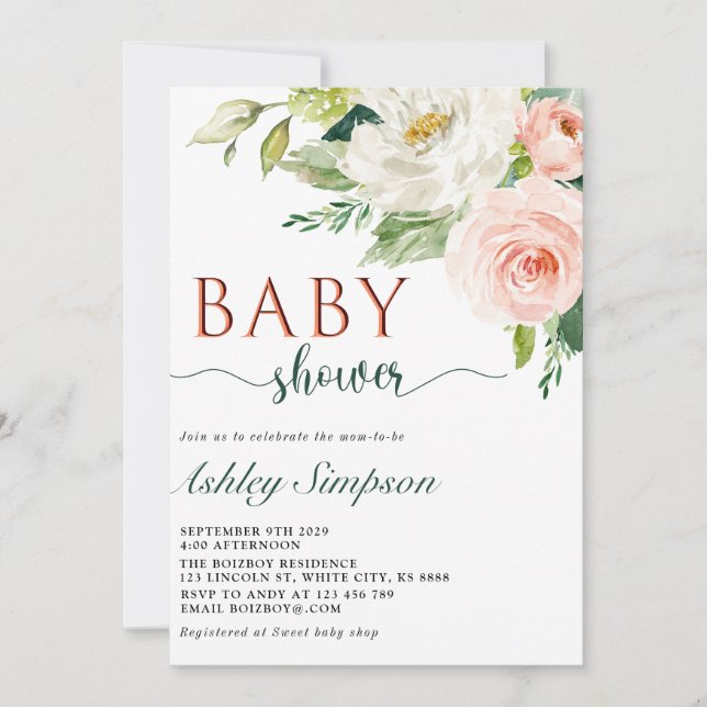 Pretty Watercolor Flowers Baby Shower Invitation (Front)
