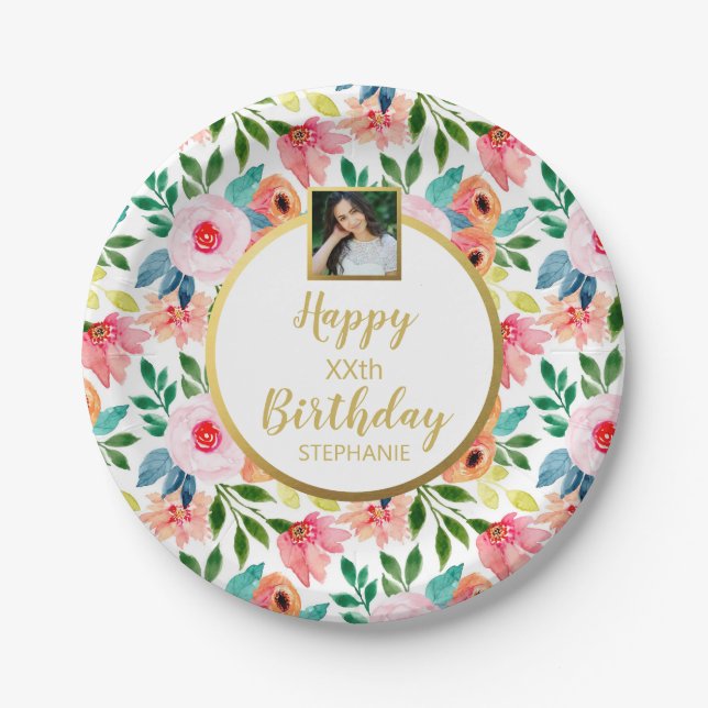 Pretty Watercolor Flowers, Birthday, Custom Photo Paper Plate (Front)