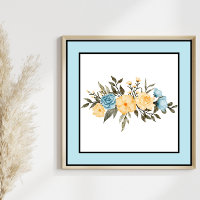Pretty Watercolor Flowers Black Lines Blue Border