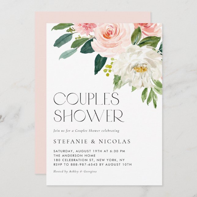 Pretty Watercolor Flowers Garden Couples Shower Invitation (Front/Back)