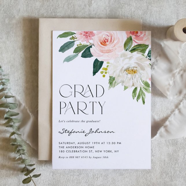 Pretty Watercolor Flowers Garden Graduation Party Invitation (Customizable floral graduation invitation featuring watercolor pink and white flowers.)