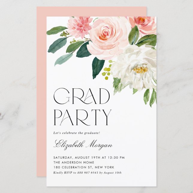 Pretty Watercolor Flowers Graduation Invitation (Front/Back)