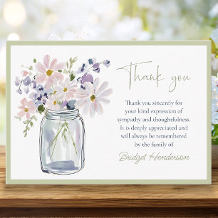 Pretty Watercolor Flowers In Mason Jar Funeral Thank You Card