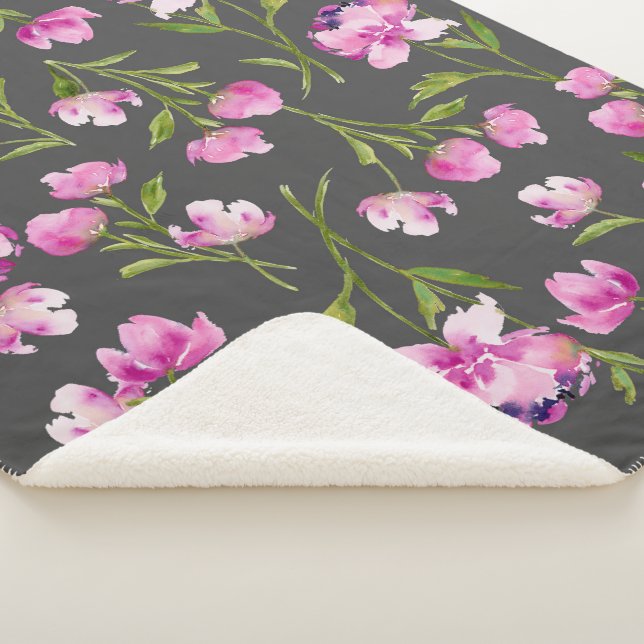 Pretty Watercolor Flowers on Grey Sherpa Blanket (3/4)