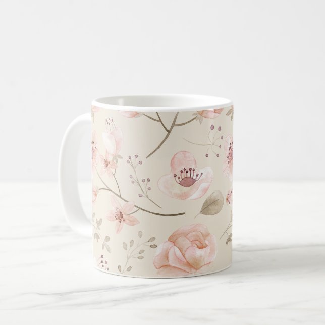 Pretty Watercolor Flowers Pattern Pink Botanical Coffee Mug (Front Left)