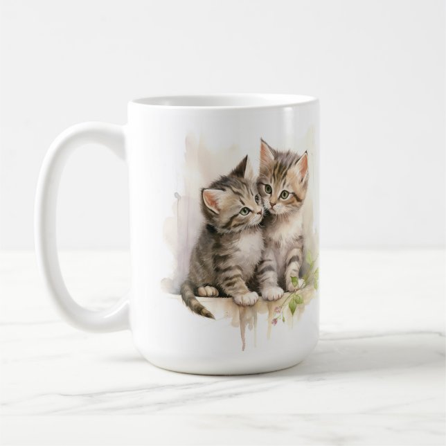 PRETTY WATERCOLOR FLUFFY TABBY KITTENS COFFEE MUG (Left)