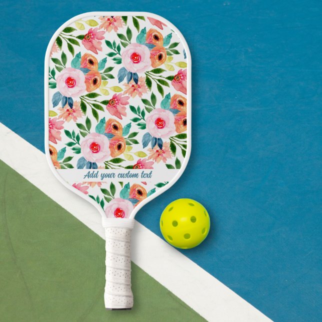 Pretty Watercolor Garden Flowers Custom Text Pickleball Paddle (Creator Uploaded)