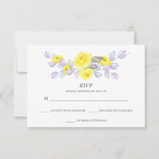 Pretty Watercolor Grey Yellow Purple Roses RSVP Card (Front)