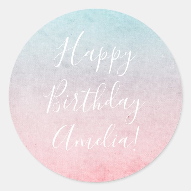 Pretty Watercolor Happy Birthday Name Aqua Classic Round Sticker (Front)