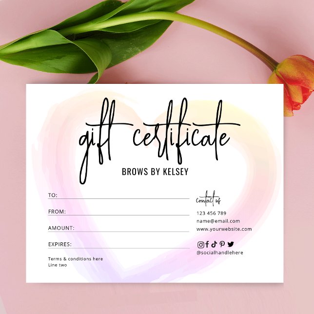 Pretty Watercolor Heart Valentines Gift Voucher Card (Girly business gift voucher with pastel rainbow colors watercolor heart design)