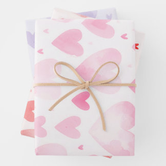 Pretty Watercolor Hearts Trio Pink Red Purple Gift Wrapping Paper Sheet