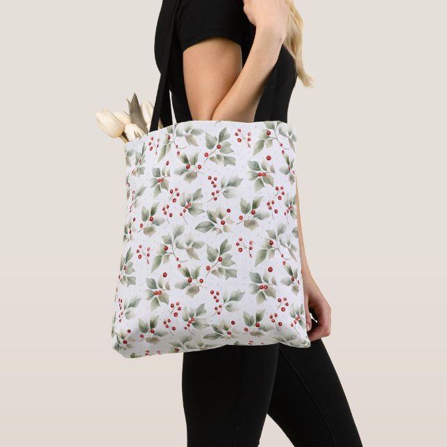 Pretty Watercolor Holly and Berries Tote Bag (Close Up)