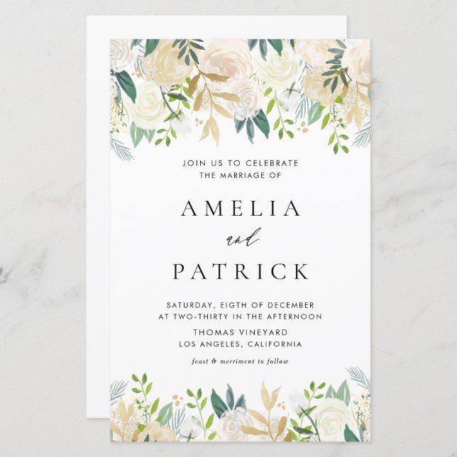 Pretty Watercolor Ivory Peonies Wedding Invitation (Front/Back)