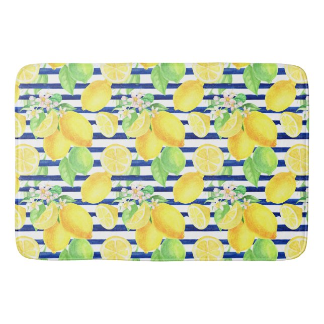 Pretty Watercolor Lemons on Blue Stripes Bathroom Bath Mat (Front)