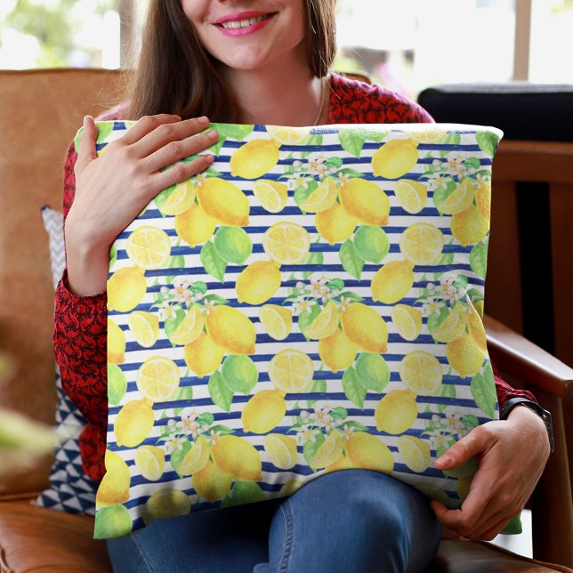 Pretty Watercolor Lemons on Blue Stripes Cushion (Creator Uploaded)