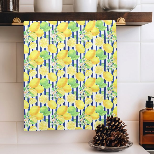 Pretty Watercolor Lemons on Blue Stripes Tea Towel (Creator Uploaded)